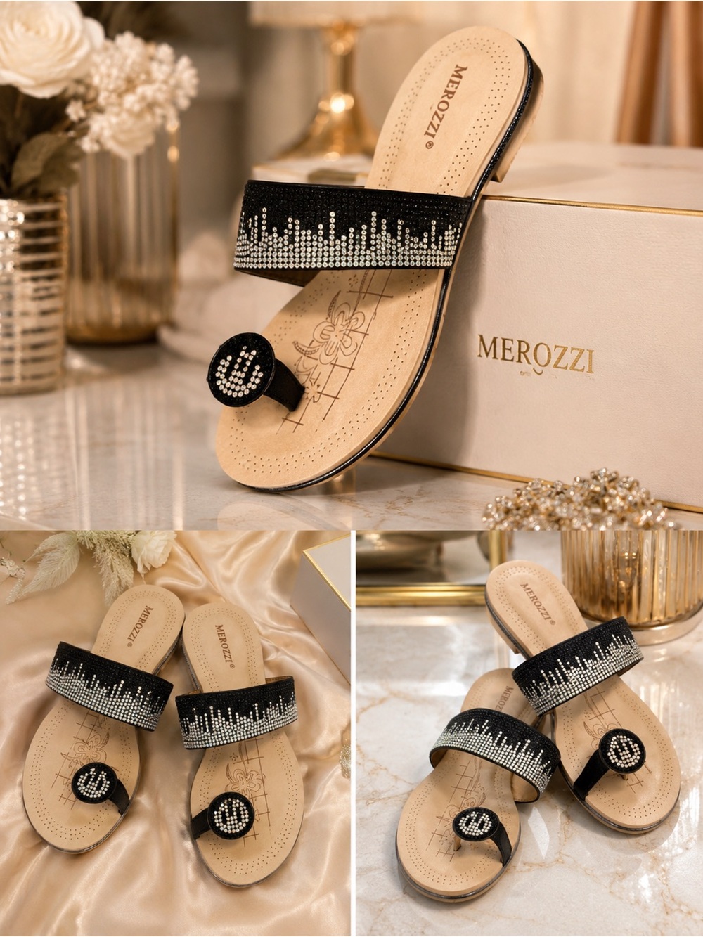 Merozzi Men's Black Crystal-Embellished Toe-Ring Slide Sandals